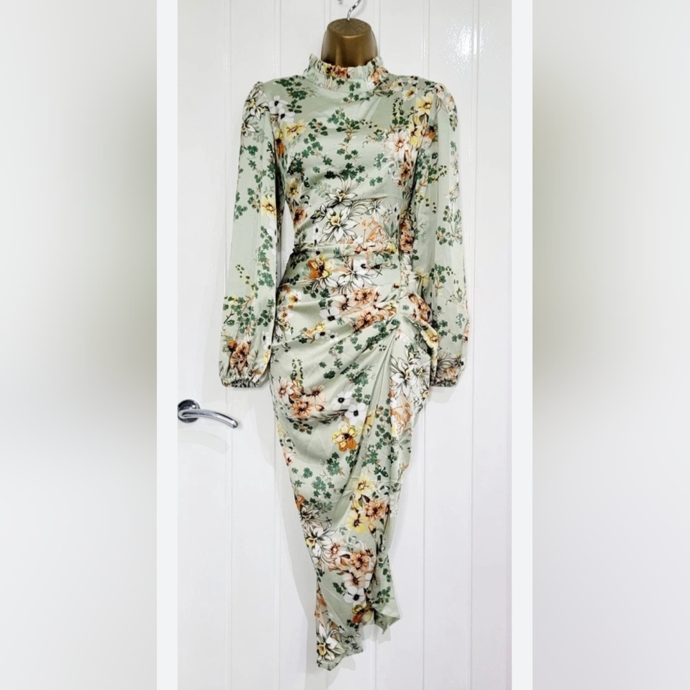 Floral Print High Neck Ruched Midi Dress Sage Green Fairycore Size 4 Boohoo - Picture 5 of 13